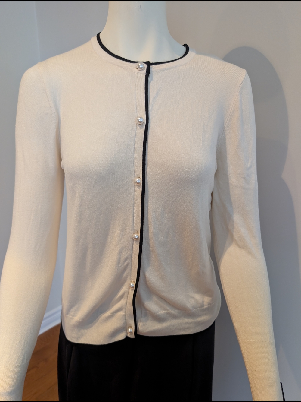 Zara Pearl-Button Cardigan with Black Trim